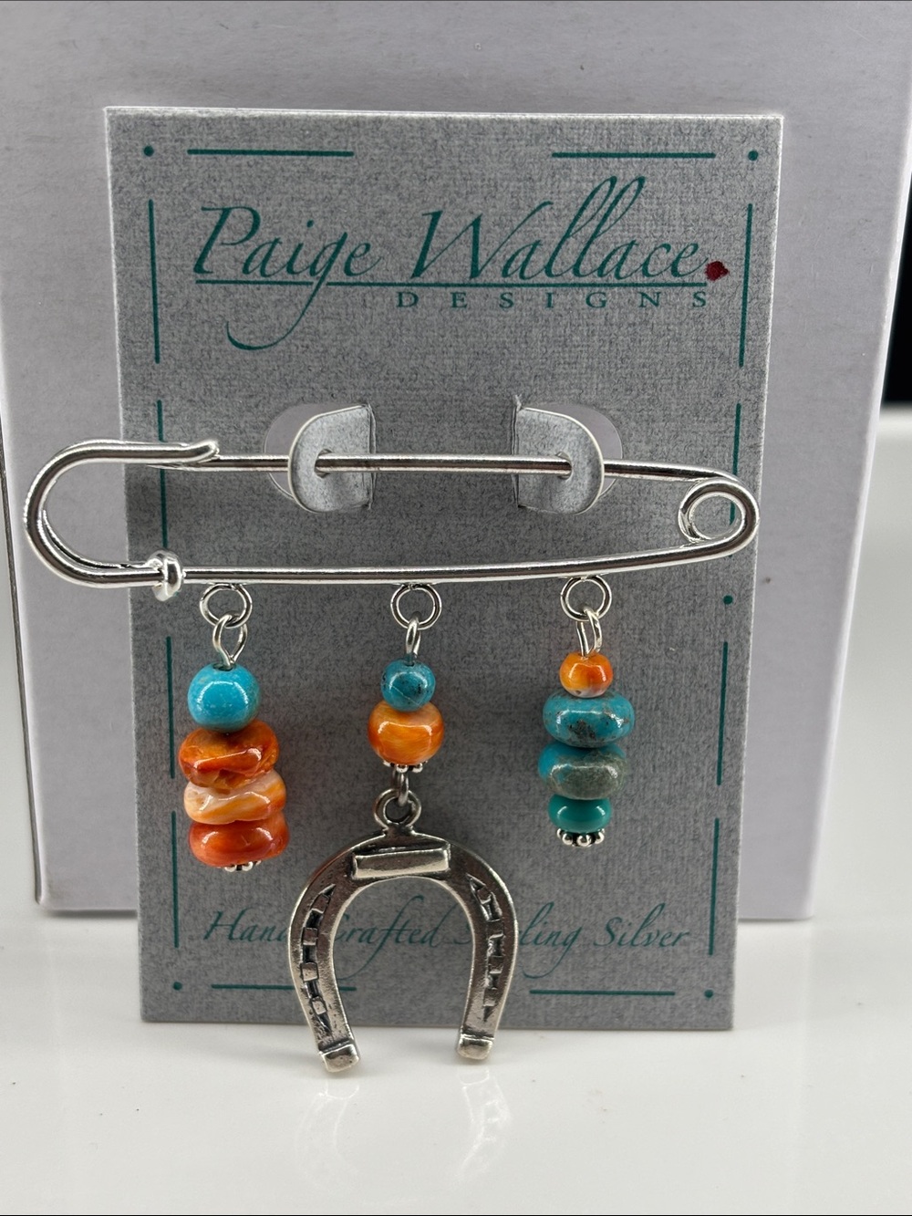 Paige Wallace Turquoise & Orange Beaded Horseshoe Brooch